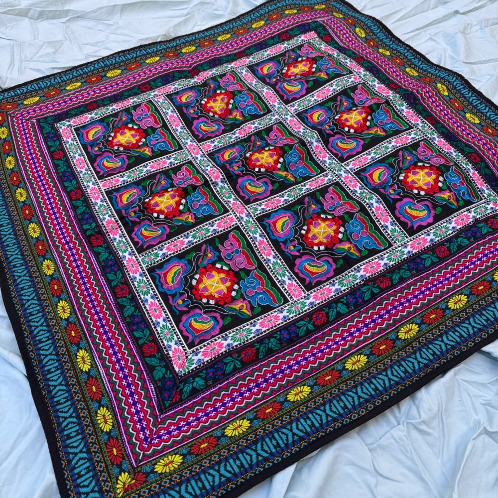 Vintage Hmong Embroidered Folk Art Textile Tapestry Black Multi Boho Floral